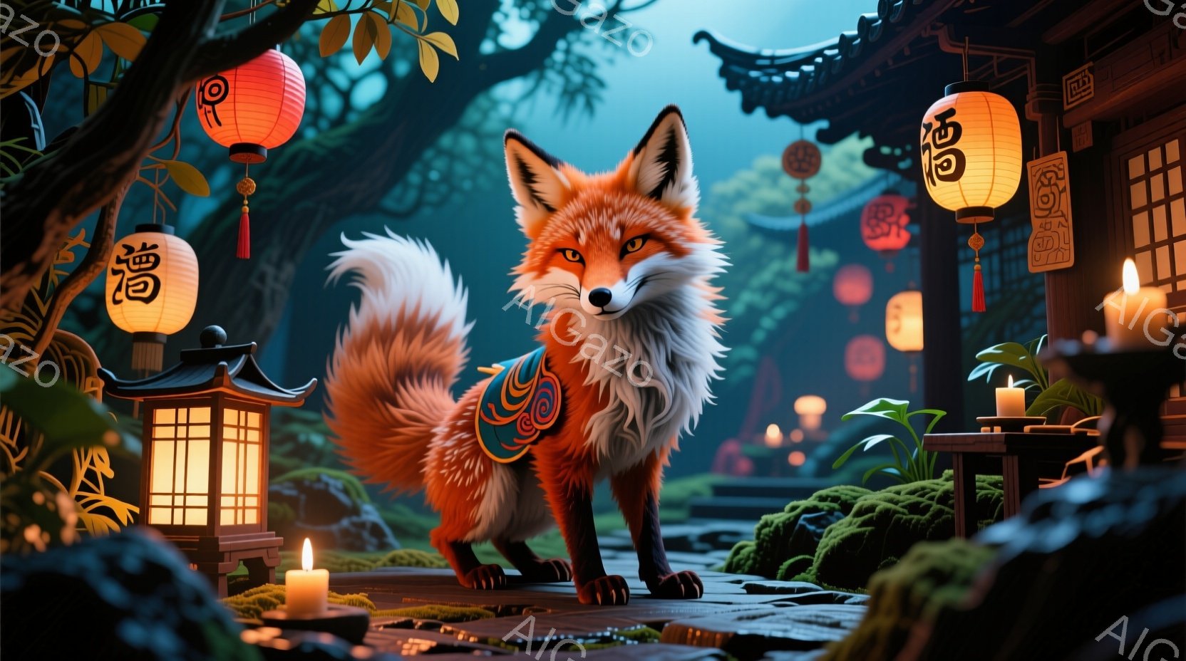 燃えるような赤毛の狐が、石畳の道に堂々と立っている。狐は青と金の模様が入った帯のようなものを身に着けており、背景には日本の伝統的な建物と灯籠、提灯が並び、幻想的な雰囲気を醸し出している。苔むした石と、灯りの温かさが、静かで神秘的な夜の情景を描き出している。