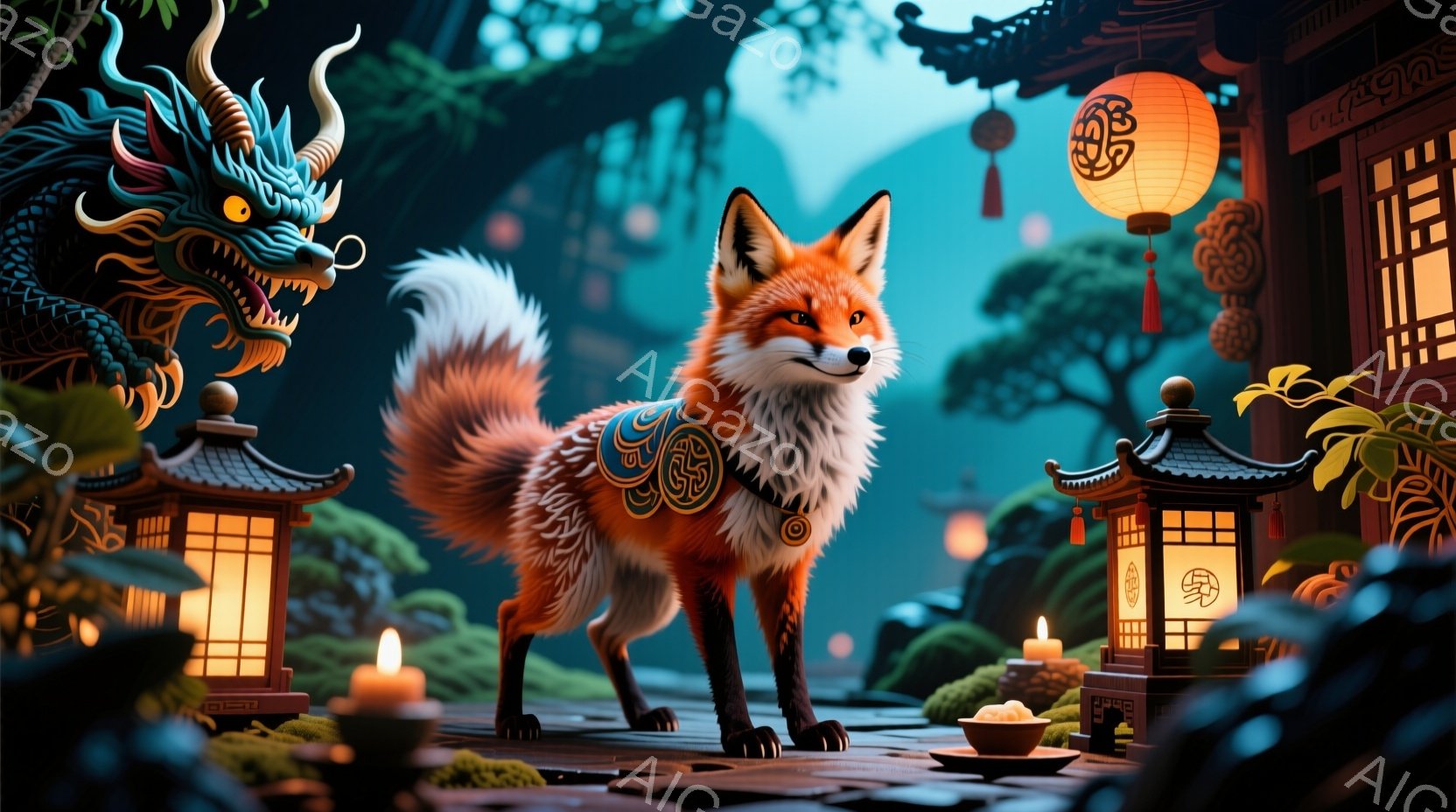鮮やかなオレンジ色の狐が、精巧な模様の装飾が施された青い首輪をつけて立っている。背景には、提灯が灯された伝統的な建物や緑豊かな自然が広がり、幻想的な雰囲気を醸し出している。苔むした石畳の道には、小さな蝋燭と器が置かれ、神秘的な空間を演出している。