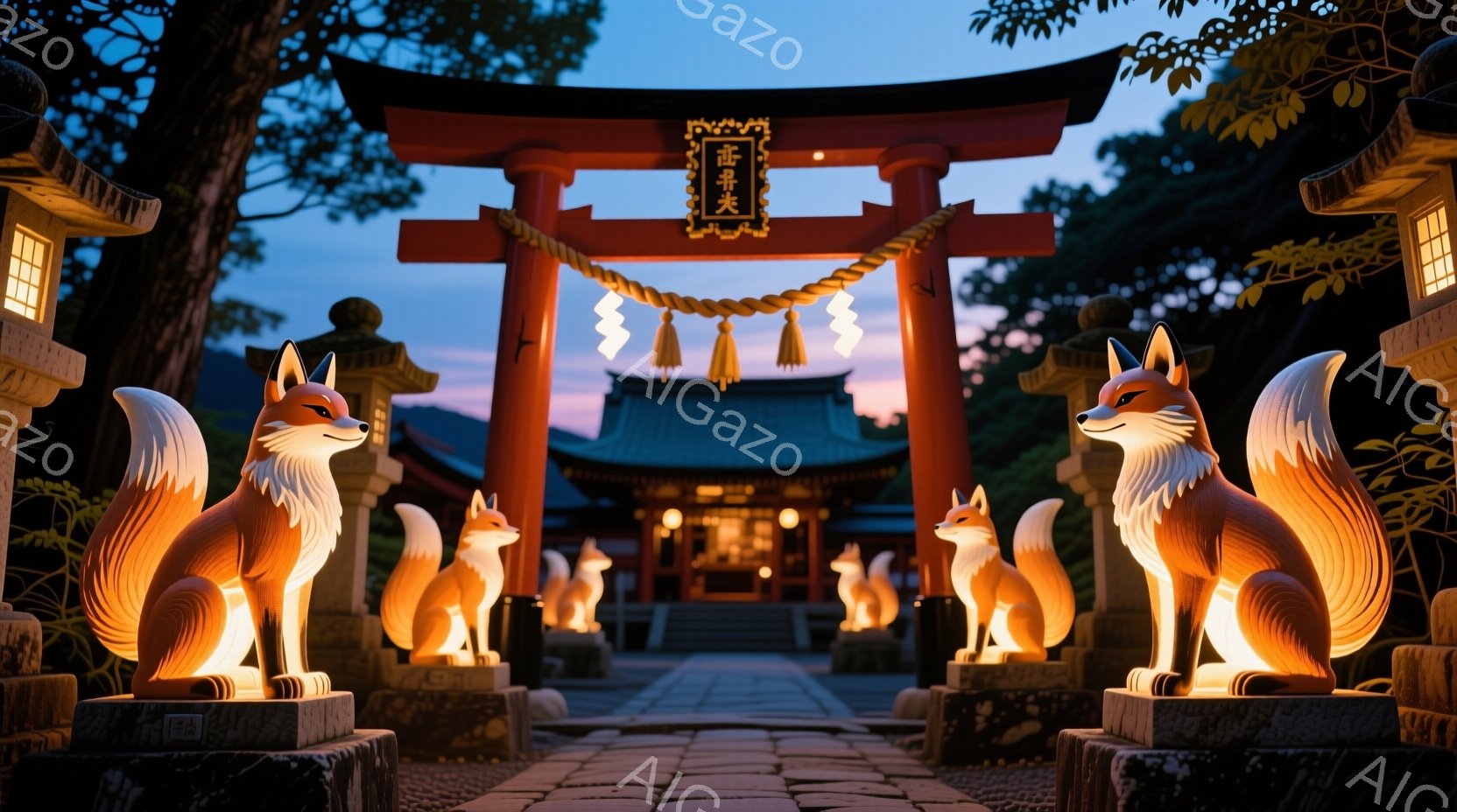 朱色の鳥居が立ち並び、その両脇には光を放つ狐の像が配置されている。奥には伝統的な屋根を持つ建物が見え、周囲は緑豊かな木々に囲まれている。夕暮れ時の空が鳥居を照らし、神秘的で静寂な雰囲気を醸し出している - AI生成フリー素材