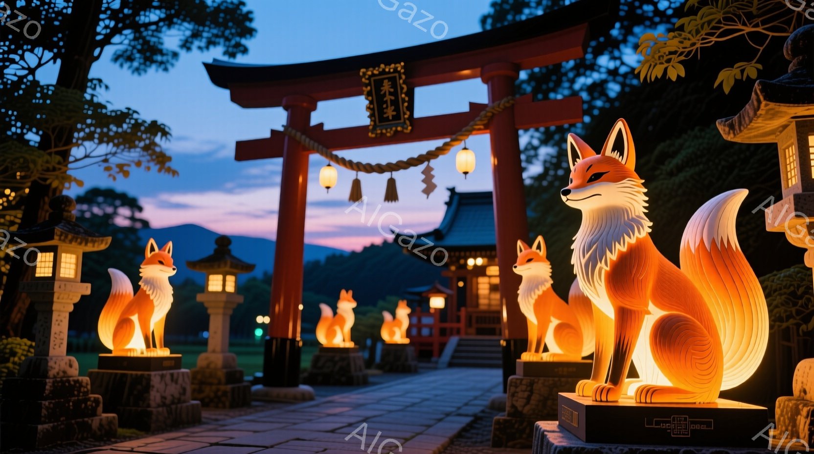 朱色の鳥居が立ち並び、その先に神社の建物が見える、夕暮れ時の風景です。鳥居の前に光を放つ狐の像が整然と並べられており、幻想的な雰囲気を醸し出しています。空はオレンジと紫のグラデーションで、穏やかな静寂 - AI生成フリー素材