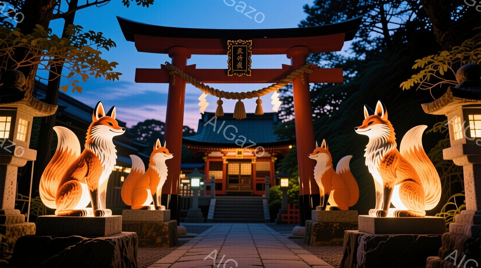 朱色の鳥居が立ち並び、その両脇には狐の像が配置されている。背景には伝統的な屋根の神社が見え、夕暮れ時の空が鳥居を照らしている。全体的に静かで神聖な雰囲気が漂い、自然と文化が調和した美しい光景である。 - AI生成フリー素材