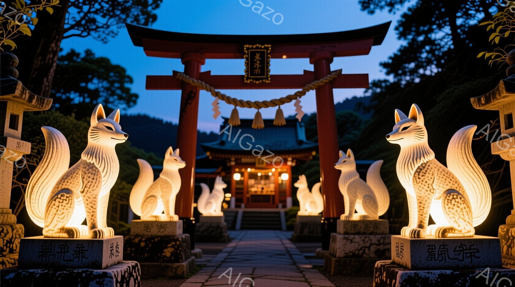 参道に沿って整然と並んだ狐の像が印象的な画像です。朱色の鳥居と、その奥に見える本殿が、夕暮れ時の穏やかな光に照らされています。周囲の緑豊かな自然と、静寂な雰囲気が、神聖で神秘的な空間を作り出しています - AI生成フリー素材