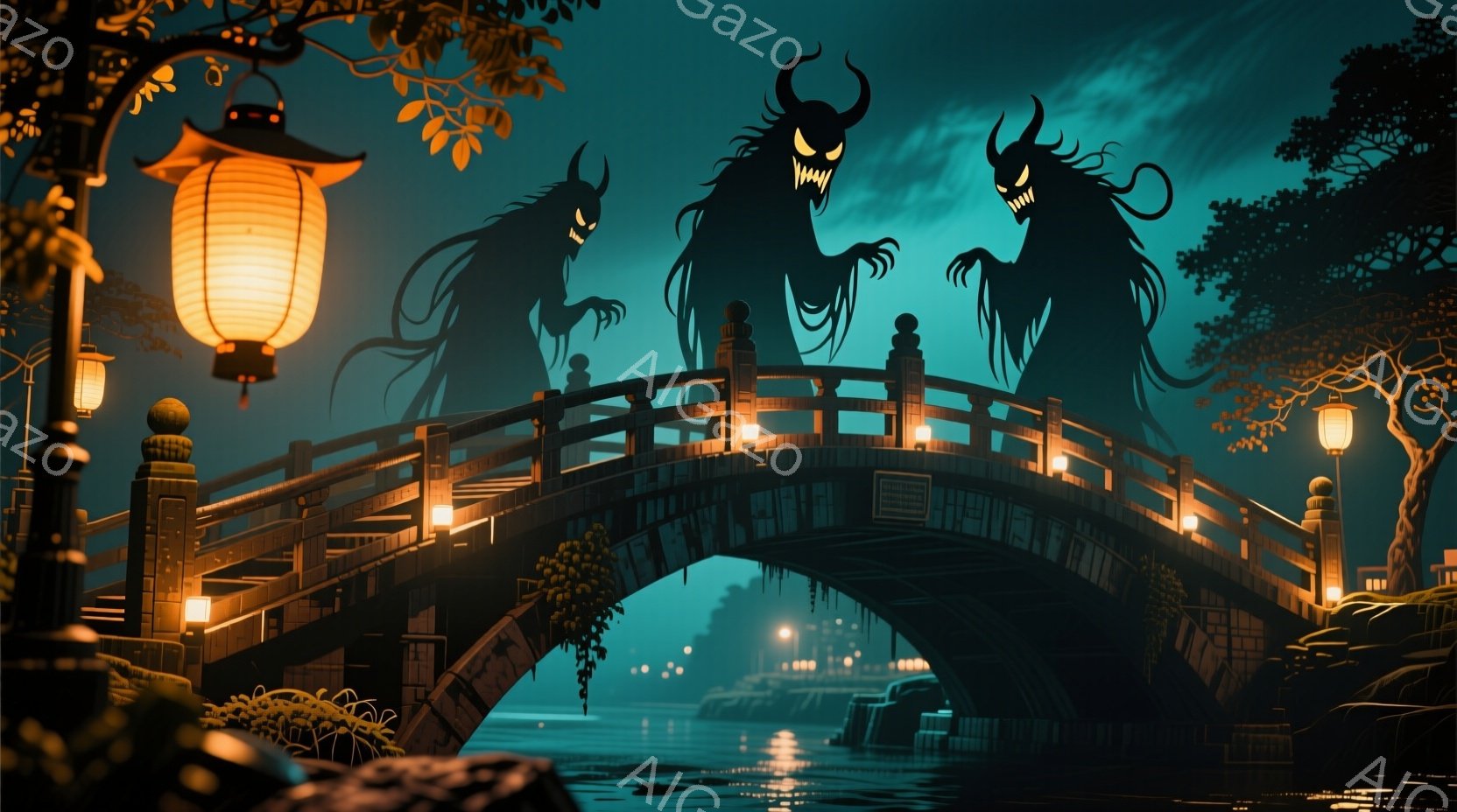 橋の上には、角と牙を持つ黒い影のような姿の妖怪が二人立っている。背景には霧深い水面と、ぼんやりと見える建物があり、橋の上には提灯が灯り、不気味な雰囲気を醸し出している。全体的に、夜の静けさと妖怪の威圧感が混ざり合った、幻想的で少し怖い情景である。