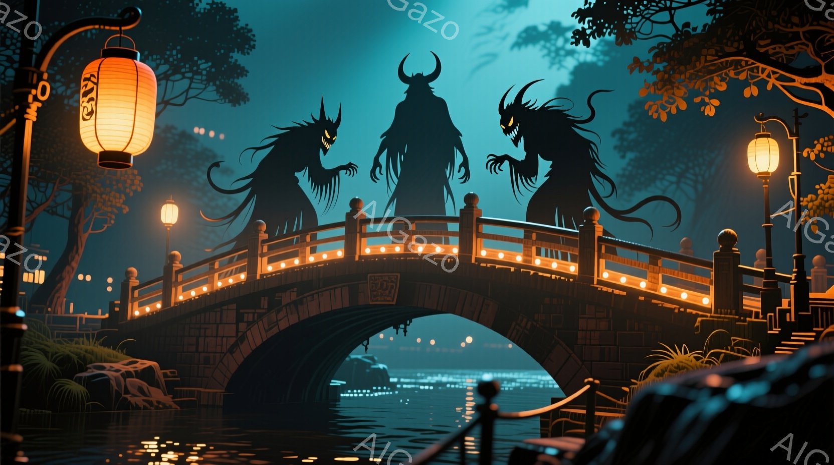 橋の上には角を持つ黒いシルエットの妖怪が二体立っており、鋭い爪と牙、そして不気味な表情をしています。背景は深い霧に包まれた水面と、灯りが点る石橋、そして緑豊かな木々で、全体的に幻想的で少し不気味な雰囲気を醸し出しています。水面に映る光と妖怪の影が、さらに神秘的な雰囲気を高めています。