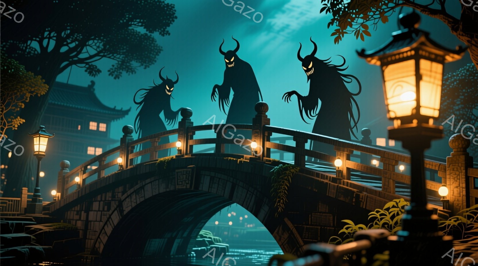 古い石造りの橋の上に、角と長い爪を持つ黒い影のような姿が三体立っている。背景には日本様式の建物が見え、水面には光が反射している。全体的に不気味で幻想的な雰囲気が漂っており、夜の闇と影が強調されている。