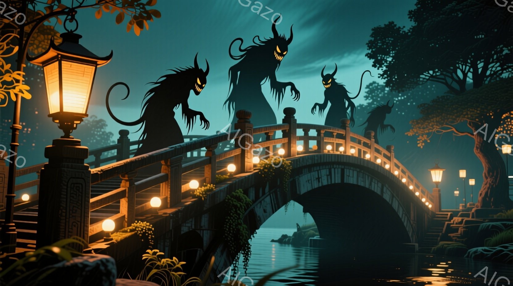 霧深い水の上に石造りのアーチ橋が架かっています。橋の上には、角と爪を持つ影のような人影が三体、不気味な姿勢で立っており、暗いシルエットが恐怖を煽ります。背景には緑豊かな木々が見え、橋には小さな提灯が並び、幻想的で怪奇な雰囲気を醸し出しています。