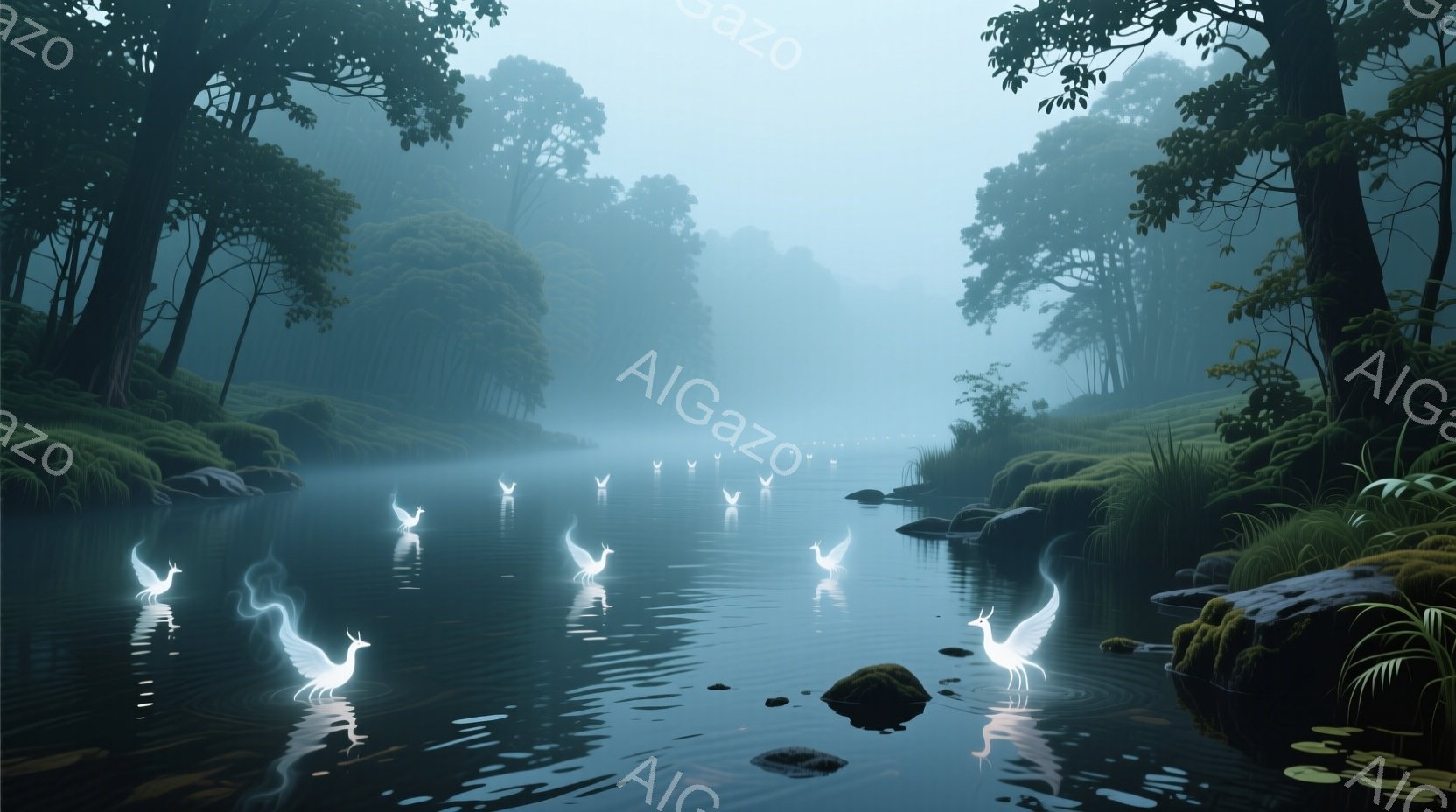 霧深い川に、光を放つ白鳥のような姿が複数浮かんでいる。川岸は緑豊かな植生に覆われ、苔むした岩が点在し、周囲は深い森に囲まれている。全体的に神秘的で静謐な雰囲気が漂い、幻想的な世界観を表現している。