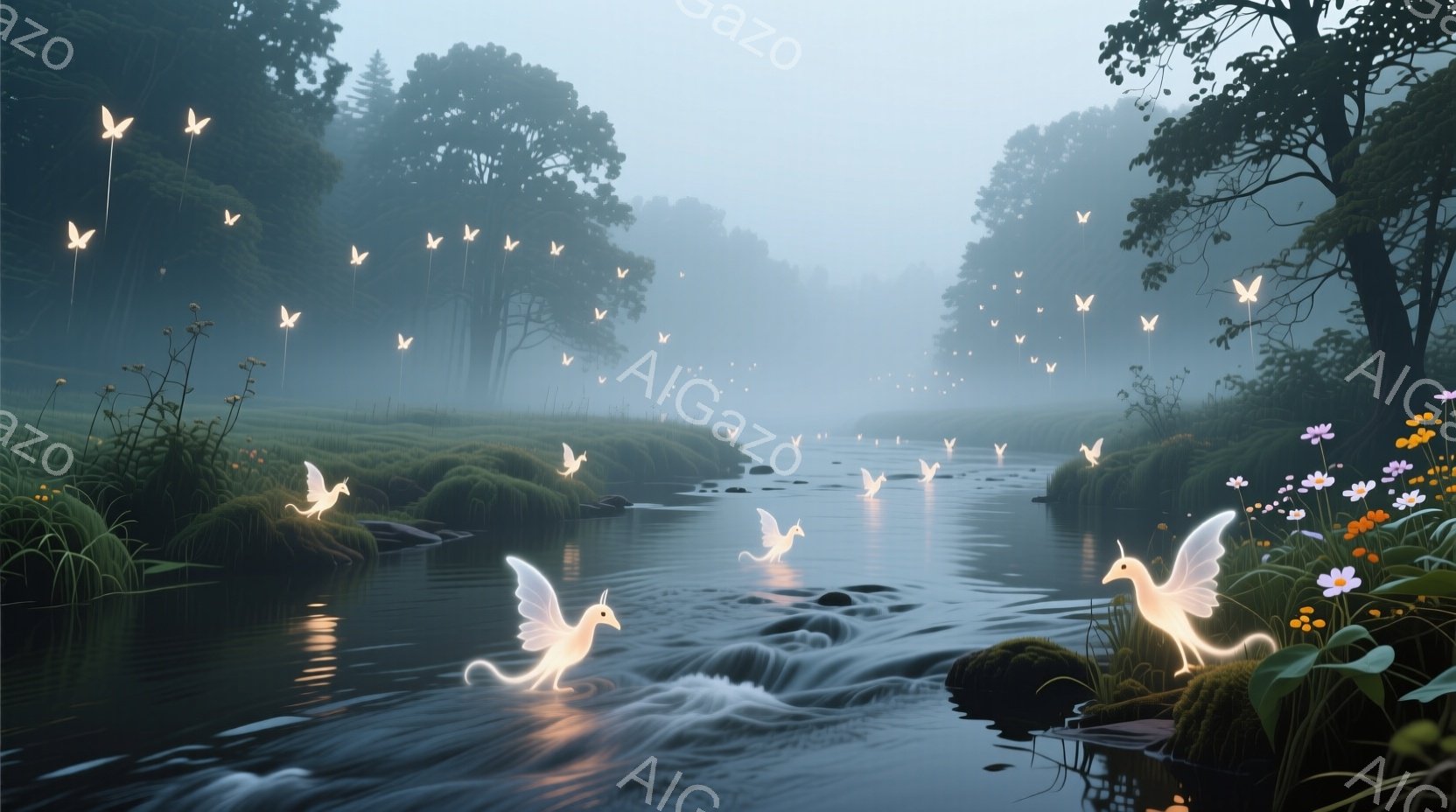 霧深い渓流が描かれており、水面には光を放つ鳥のような生き物たちが舞っている。岸辺には緑豊かな草が生い茂り、小さな花々が咲き乱れ、幻想的な雰囲気を醸し出している。全体的に穏やかで神秘的な空気が漂い、まるで夢の中にいるような感覚を覚える。