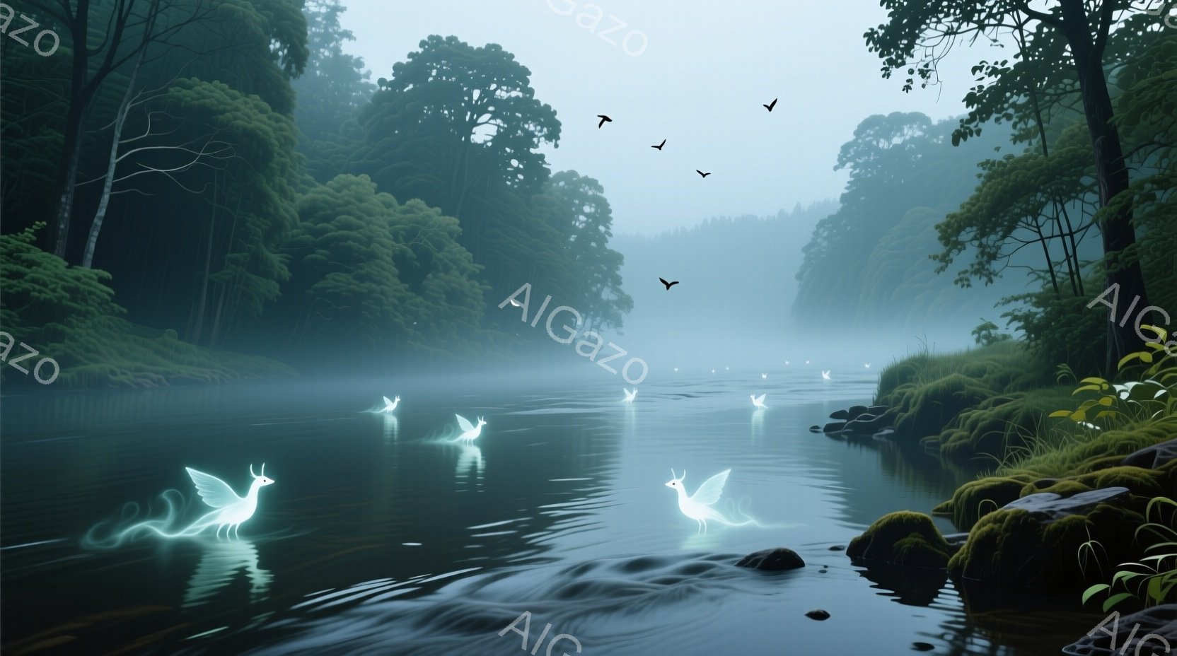 穏やかな川が緑豊かな森の中を流れ、水面には光を放つ神秘的な生き物たちが漂っている。霧が立ち込め、神秘的な雰囲気を醸し出し、岸辺の苔むした岩や木々が静けさを強調している。生き物たちは優雅に水面を滑るように進み、幻想的な光景を作り出している。