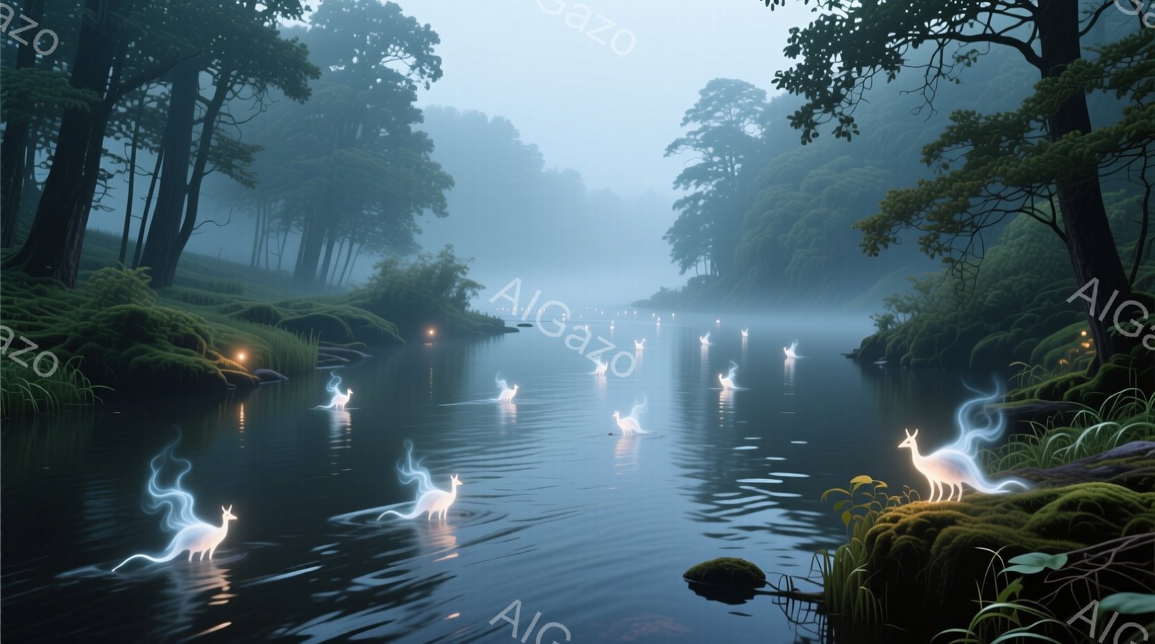 霧深い川を、光を放つ鹿のような姿の生き物たちが優雅に進んでいる。川岸は緑豊かな苔と草で覆われ、周囲は深い森に囲まれており、神秘的で静謐な雰囲気を醸し出している。水面には反射した光が散りばめられ、幻想的な光景を作り出している。