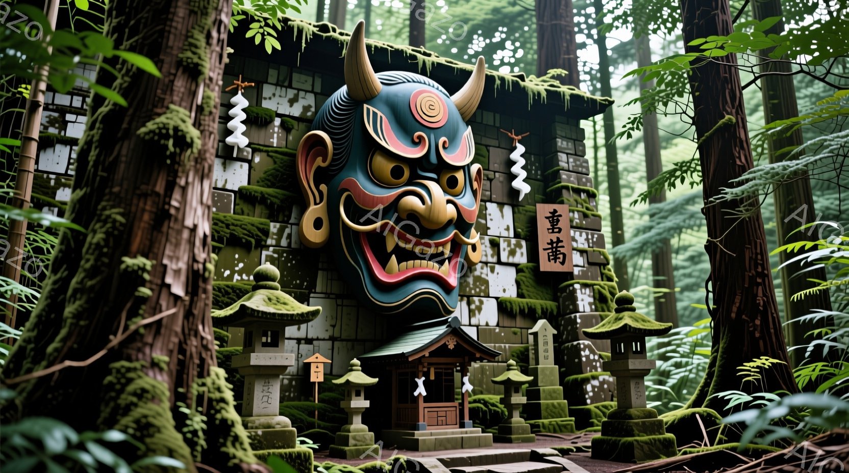 鬱蒼とした緑の森の中に、巨大な鬼の面が鎮座する寺院が描かれている。苔むした石灯籠や鳥居が並び、薄暗い光が神秘的な雰囲気を醸し出している。鬼の面は鮮やかな色彩で彩られ、威圧感と同時にどこかユーモラスな印象を与える。