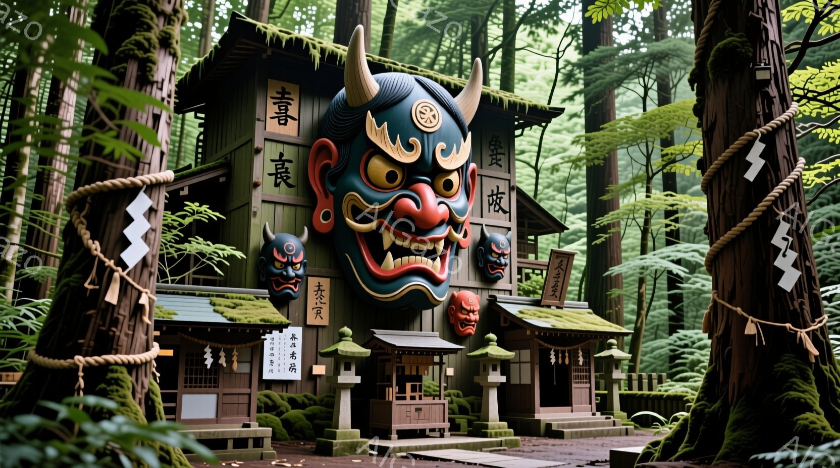 古い木造建築物が鬱蒼とした森の中に佇んでいます。建物には、鮮やかな色彩の鬼の面が複数飾られており、屋根には苔が生え、古びた趣を醸し出しています。周囲は巨大な木々に囲まれ、薄暗く、神秘的な雰囲気が漂っています。