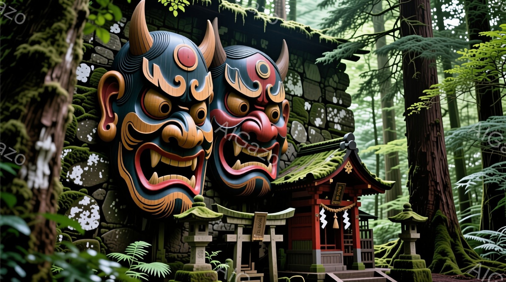 鬱蒼とした緑の森の中に、朱色の社と、睨みを利かせた鬼面の像が配置されている。苔むした石段と石灯籠が、静かで神秘的な雰囲気を醸し出している。鬼面の表情は厳しく、周囲の自然とのコントラストが、古来からの信仰を感じさせる。