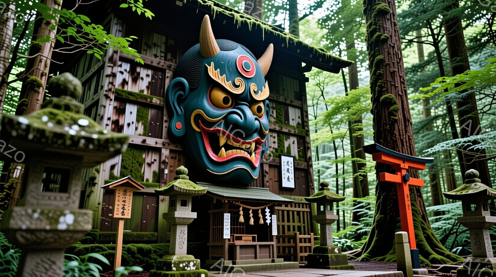 深い森の中に、巨大な鬼の面を正面に配した古い神社の建物がそびえ立っている。建物は木造で苔むしており、朱色の鳥居と石灯籠が配置され、厳かで神秘的な雰囲気を醸し出している。木々の緑と建物の古色が調和し、静寂の中に荘厳さが漂う風景である。