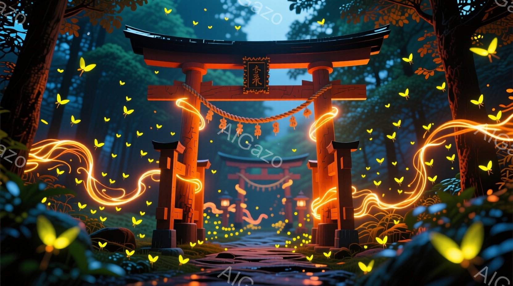 鮮やかな朱色の鳥居が、緑豊かな森の中に堂々と立っている。無数の光る蝶が鳥居の周りを舞い、幻想的な雰囲気を醸し出している。背景は深い緑の木々で覆われ、神秘的で穏やかな夜の情景が広がっている。