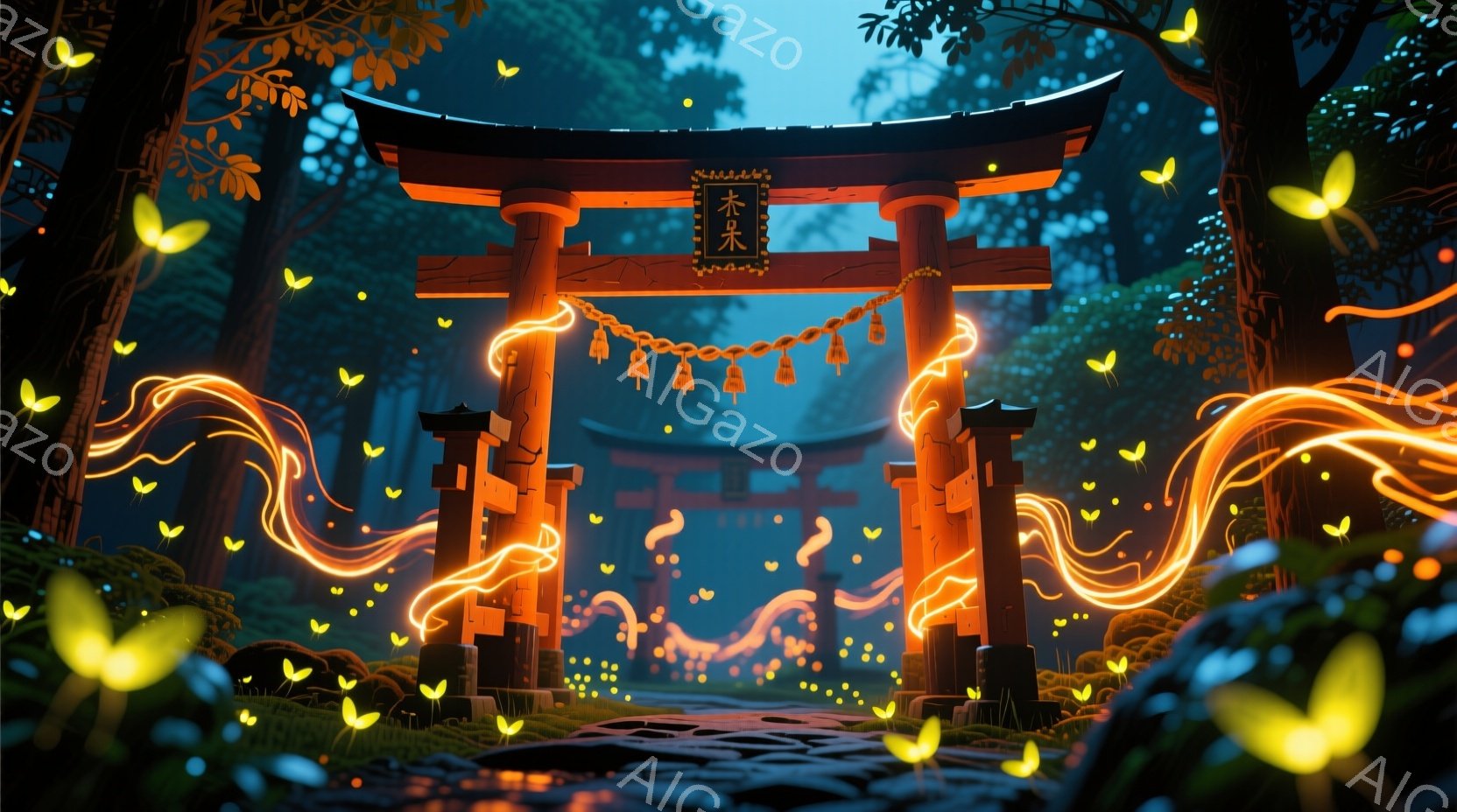 朱色の鳥居が、緑豊かな森の中に静かに佇んでいます。鳥居の周りには無数の光る蝶が舞い、幻想的な雰囲気を醸し出しています。苔むした石畳の道が鳥居へと繋がり、奥行きのある森へと続いています。