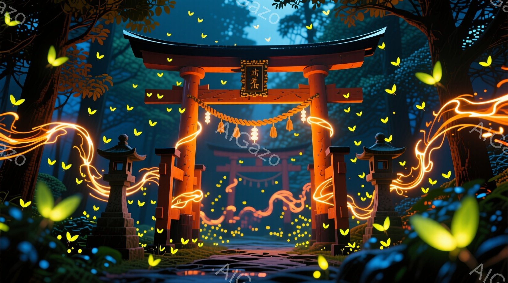 深い緑の森の中に、鮮やかな朱色の鳥居がそびえ立っています。無数の光る蝶が鳥居とその周りを舞い、幻想的な光景を作り出しています。地面には湿った石畳の道が続き、全体的に神秘的で静謐な雰囲気が漂っています。