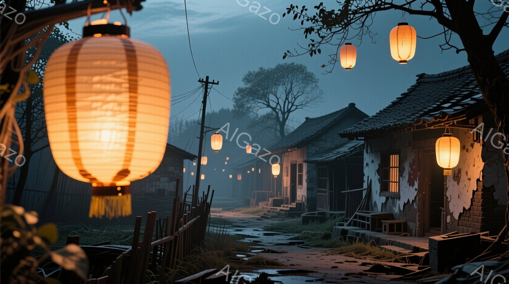 古い日本の町並みが、夕暮れ時の薄暗い光の中に広がっている。路地には石畳があり、所々に草が生え、古びた木造家屋が軒を連ねている。提灯の温かい光が、町全体を照らし、どこか懐かしい、静謐な雰囲気を醸し出している。