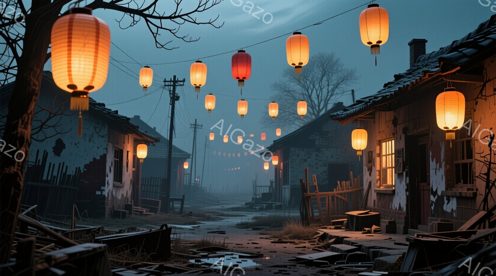 煤けた木造家屋が並び、路地には瓦礫が散乱している荒廃した村の風景です。オレンジ色の提灯が家々を結び、薄暗い路地をぼんやりと照らし、背景には霧のかかった木々と電柱が見えます。全体的に寂寥感と、過去の賑わいを感じさせる雰囲気が漂っています。