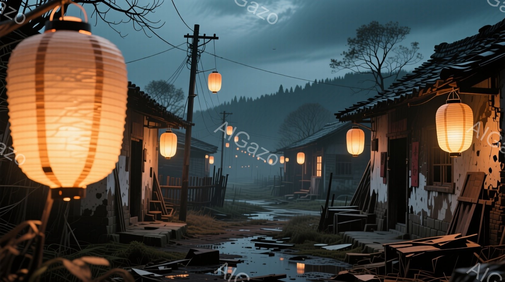 古びた木造家屋が密集する、雨上がりの寂しい風景が描かれている。提灯が通りに吊るされ、ぼんやりとした光を投げかけ、泥だらけの道と荒れ果てた木材の破片が、この場所が放棄されたか、あるいは災害に見舞われたことを暗示している。背景には霧に包まれた山々がそびえ立ち、全体的に陰鬱でノスタルジックな雰囲気を醸し出している。