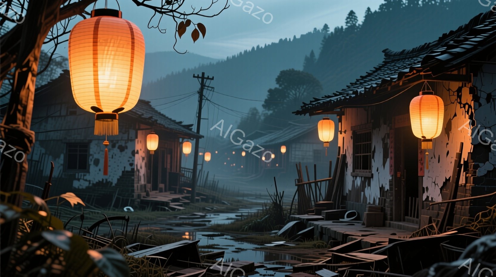 荒れ果てた村の風景が描かれている。路地には水たまりがあり、古い木造家屋が並び、それぞれの軒先に提灯が灯されている。背景には霞んだ山々が広がり、全体的に寂しげで、どこか懐かしい雰囲気を醸し出している。