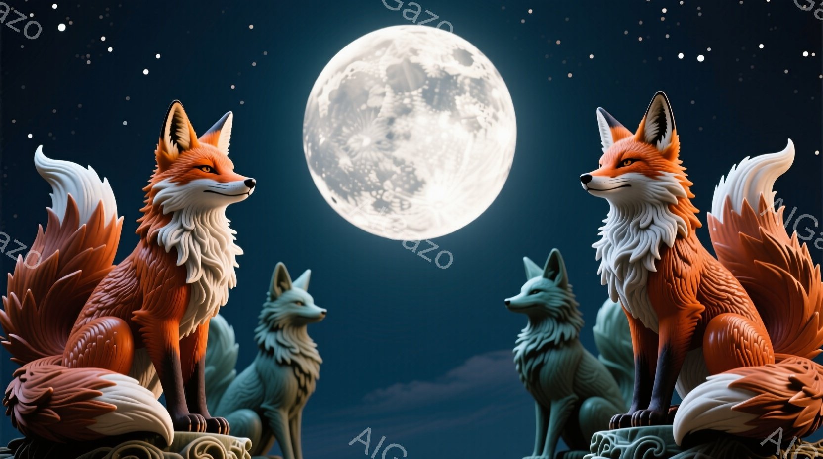 鮮やかなオレンジ色の毛並みを持つ狐が二匹、灰色の狐と共に、夜空を背景に描かれている。彼らは高い台座の上に座っており、月明かりの下で互いに向き合っているように見える。夜空は暗く、遠くに見える星々と満月が神秘的な雰囲気を醸し出している。