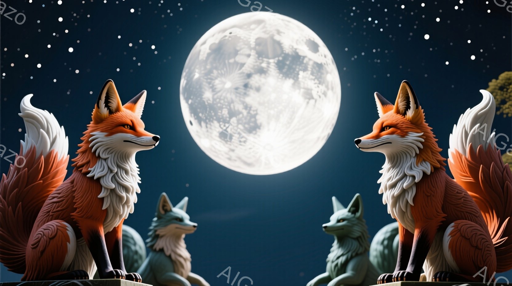 夜空を背景に、四体の狐の像が描かれています。正面を向く二体の狐は鮮やかなオレンジ色で、毛並みが細かく表現され、堂々とした姿勢で座っています。背景には満月が輝き、夜空には星が散りばめられており、神秘的で幻想的な雰囲気を醸し出しています。