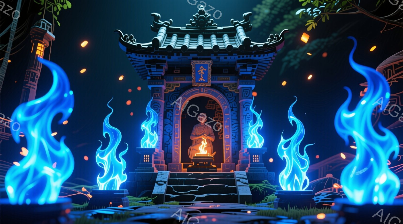 鮮やかな青い炎に囲まれた寺院の入り口に、赤いローブをまとった仏像が座っています。仏像は目を閉じ、穏やかな表情をしており、静寂と瞑想の雰囲気を醸し出しています。寺院の周りには緑豊かな植物が生い茂り、遠くには暗闇の中に建つ建物が見え、全体的に神秘的で幻想的な雰囲気を漂わせています。