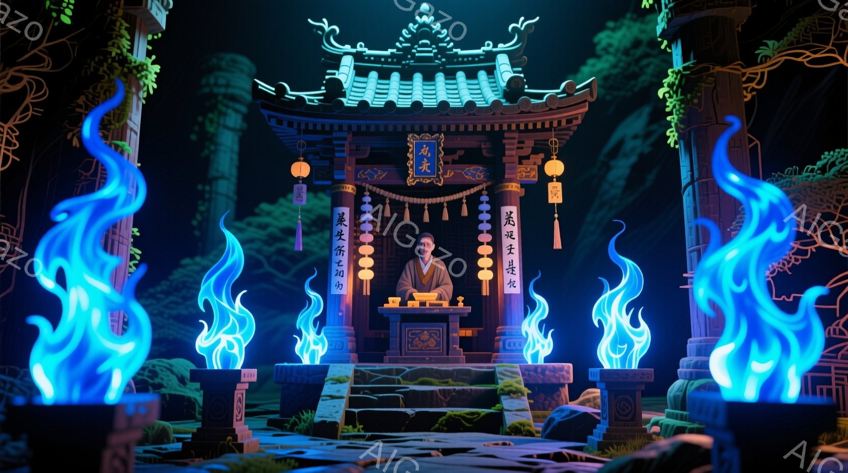 古風な寺院が夜の暗い背景に浮かび上がり、鮮やかな青い炎が両側に配置され、神秘的な雰囲気を醸し出しています。寺院の中央には、僧侶が落ち着いた表情で座禅を組み、茶色のローブを身につけています。背景には緑豊かな植物が見られ、寺院全体が荘厳で静寂な雰囲気を漂わせています。