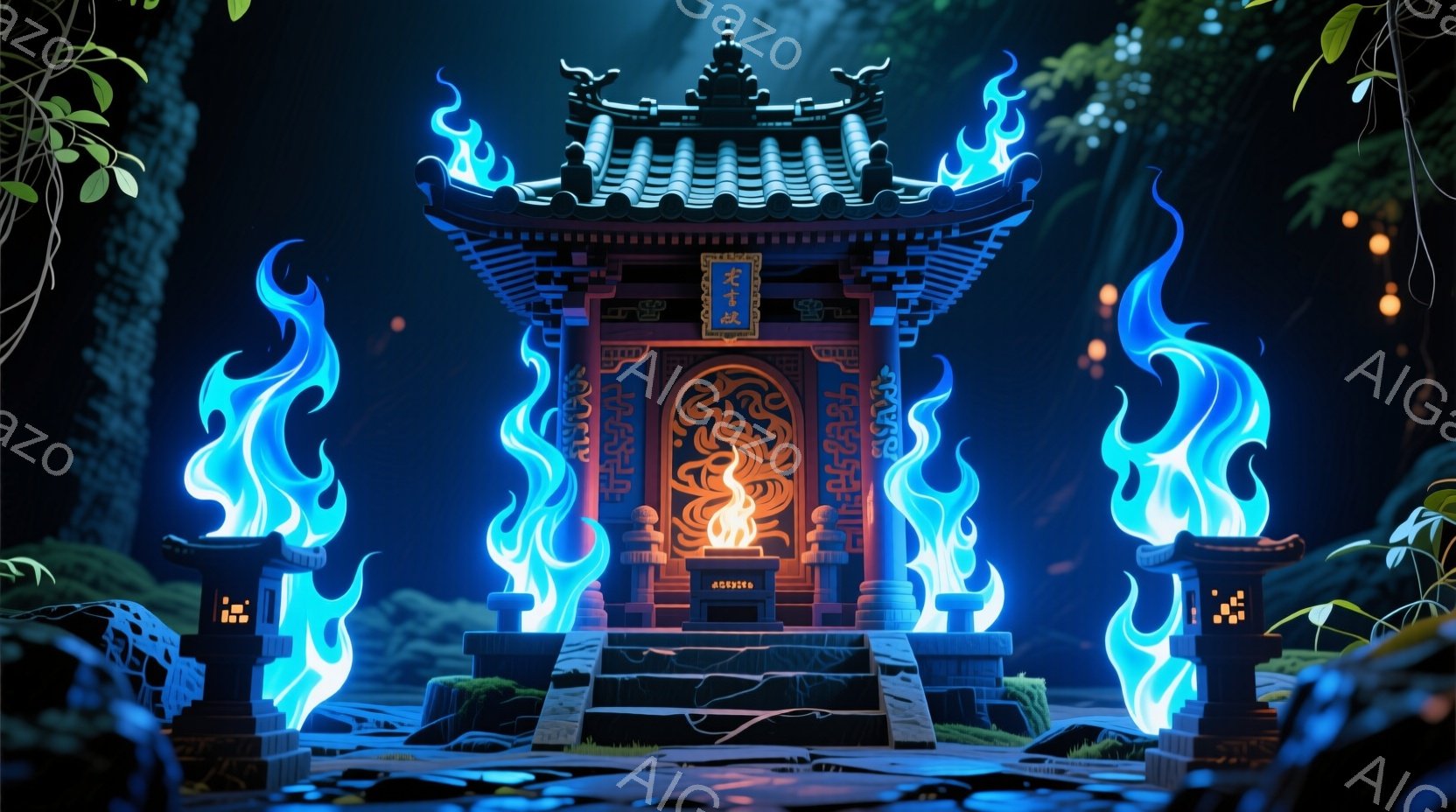 鮮やかな青い炎に囲まれた、中国風の寺院のような建物が描かれています。建物は赤と茶色を基調とし、複雑な模様が施されており、周囲には緑豊かな植物が生い茂っています。全体的に神秘的で幻想的な雰囲気が漂い、炎が寺院を照らし出すことで、独特の世界観が表現されています。