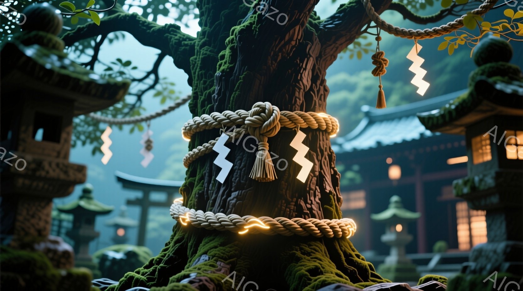 古木の幹に、しめ縄が巻かれており、紙垂れが風に揺れている。背景には鳥居や寺院建築が見え、緑豊かな自然に囲まれた静寂な空間が広がっている。全体的に神聖で落ち着いた、神秘的な雰囲気が漂っている。