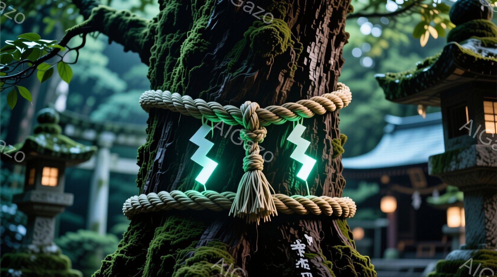 画像は巨大な樹木の幹に結ばれた太い締め縄（しめなわ）を中心に捉えています。幹は苔むし、周囲には石灯籠が配置され、背景には屋根付きの建物が見え、緑豊かな自然の中に神聖な雰囲気が漂っています。鮮やかな緑色の締め縄が古木の存在感を際立たせ、静謐で神秘的な空間を演出しています。
