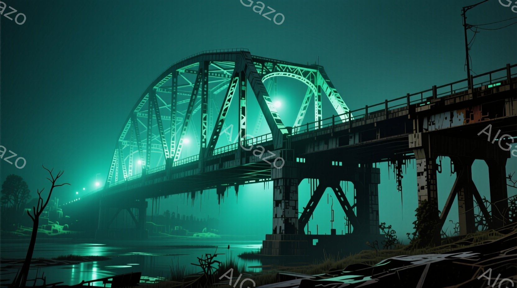錆び付いた鉄骨の橋が、濃い霧の中に浮かび上がっている。橋の構造は複雑で、水面に映る影が不気味な雰囲気を醸し出している。霧と暗闇によって、荒廃した風景が強調され、寂寥感と神秘的な雰囲気が漂っている。