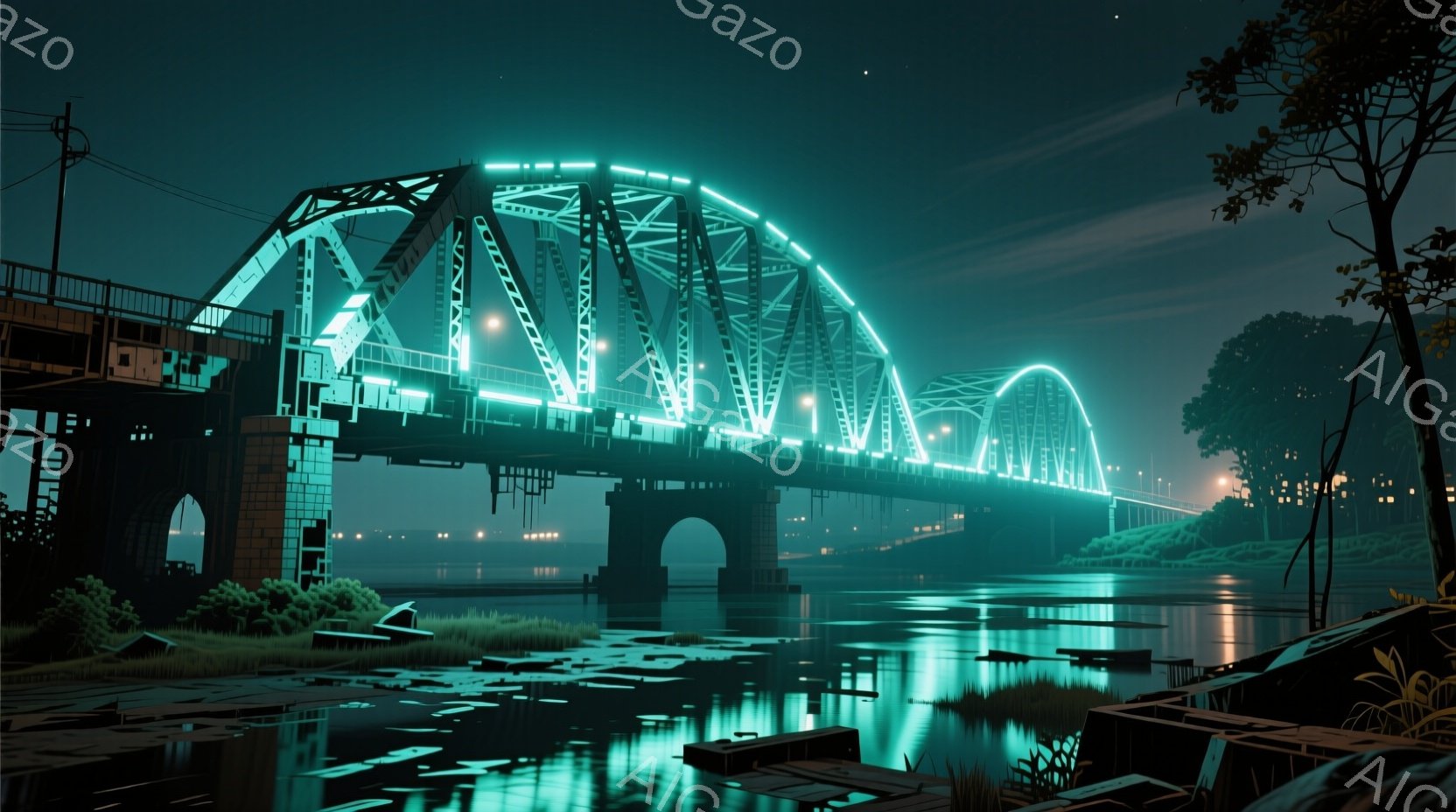 夜間にライトアップされた大きな鉄橋を描いています。橋はアーチ型で、複雑な構造が光によって強調されています。水面は静かで、橋の光と周囲の街の光が反射し、幻想的な雰囲気を醸し出しています。 - AI生成フリー素材