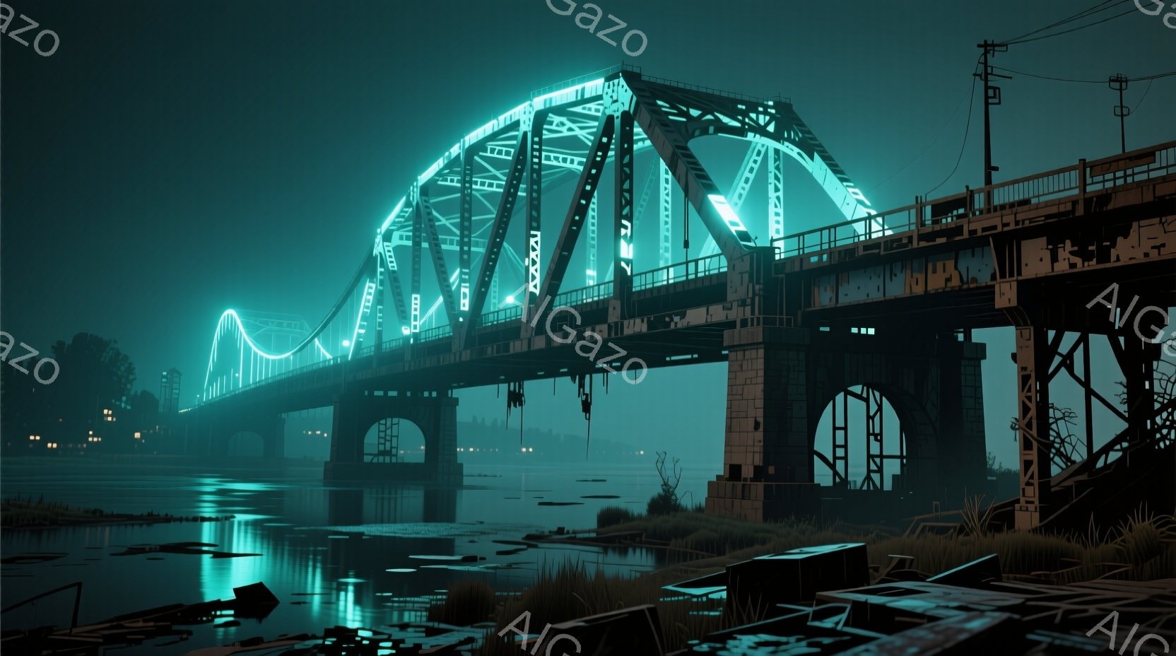 鉄骨構造の橋が水面に映り込み、幻想的な光を放っている。橋は暗い夜空の下、水面を照らす灯りとともに、寂しげでありながらも美しい雰囲気を醸し出している。周辺には草が生い茂り、橋脚の一部が水中に沈んでいる様子が見られ、廃墟のような静けさが漂っている。