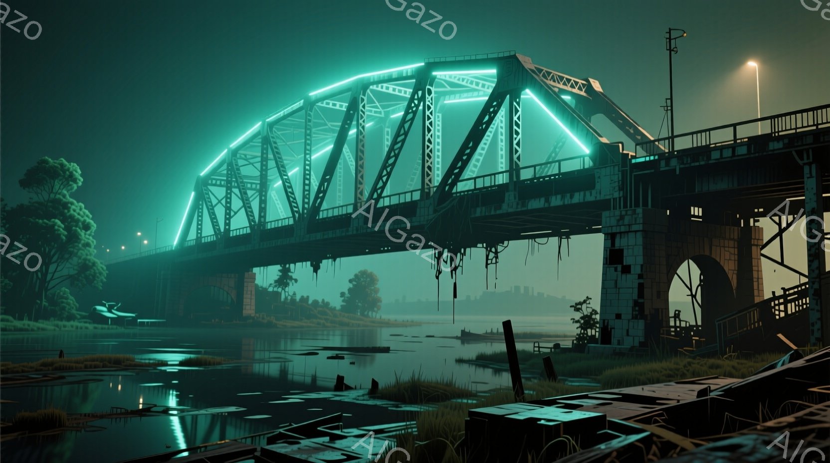 夜間に水面に反射する緑色の光が印象的な巨大な橋が描かれています。橋脚は水中に沈み、周囲には荒れ果てたような景色が広がっており、廃墟のような雰囲気が漂っています。背景には薄暗い街並みが見え、全体的に寂しげで物悲しい雰囲気を醸し出しています。