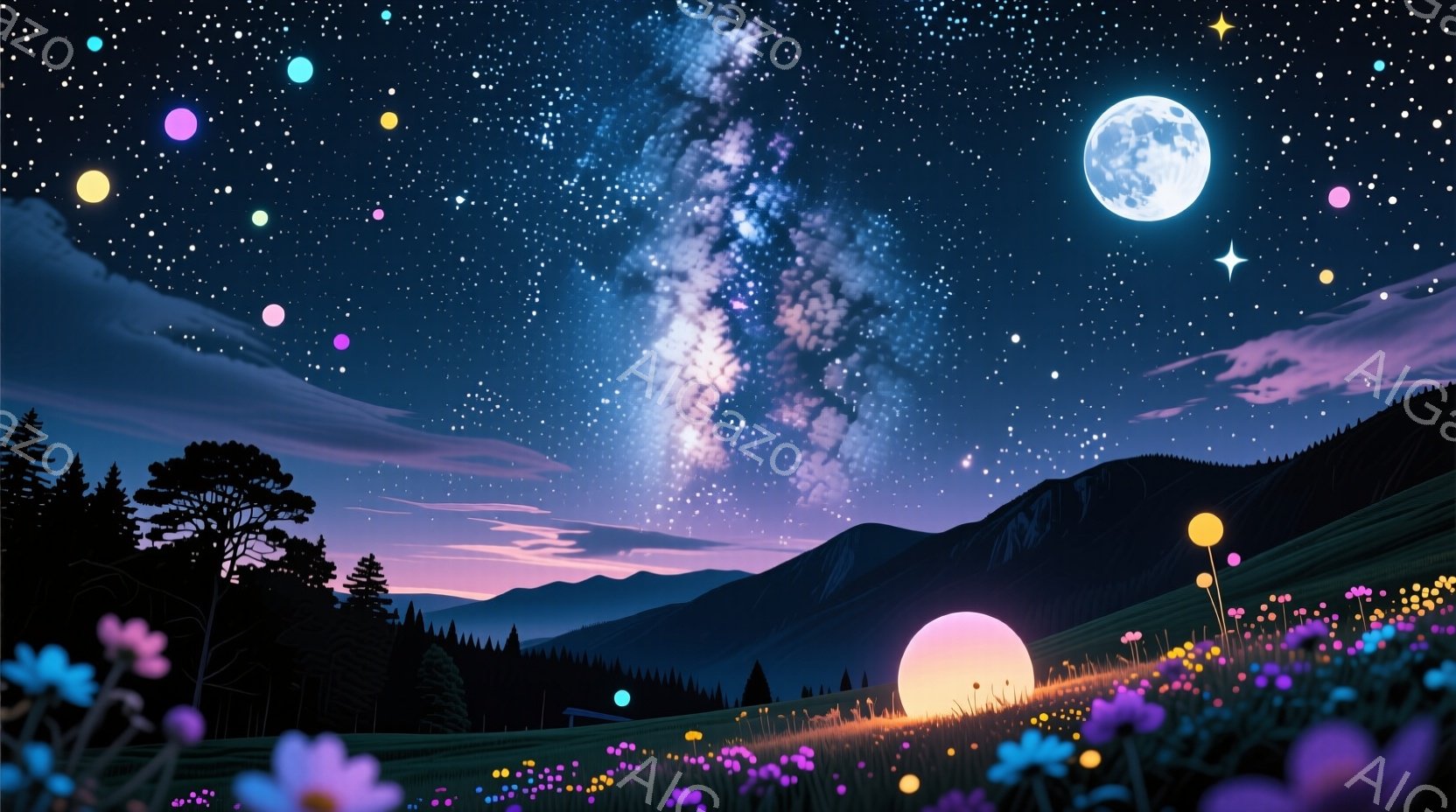 深い藍色の夜空には、天の川が鮮やかなピンクと紫の帯のように広がっています。シルエットで描かれた山々が連なり、その麓には光り輝く野原が広がっており、まるで妖精が住む世界のような幻想的な雰囲気を醸し出しています。満月と無数の星が夜空を彩り、全体的に神秘的で夢幻的な光景です。