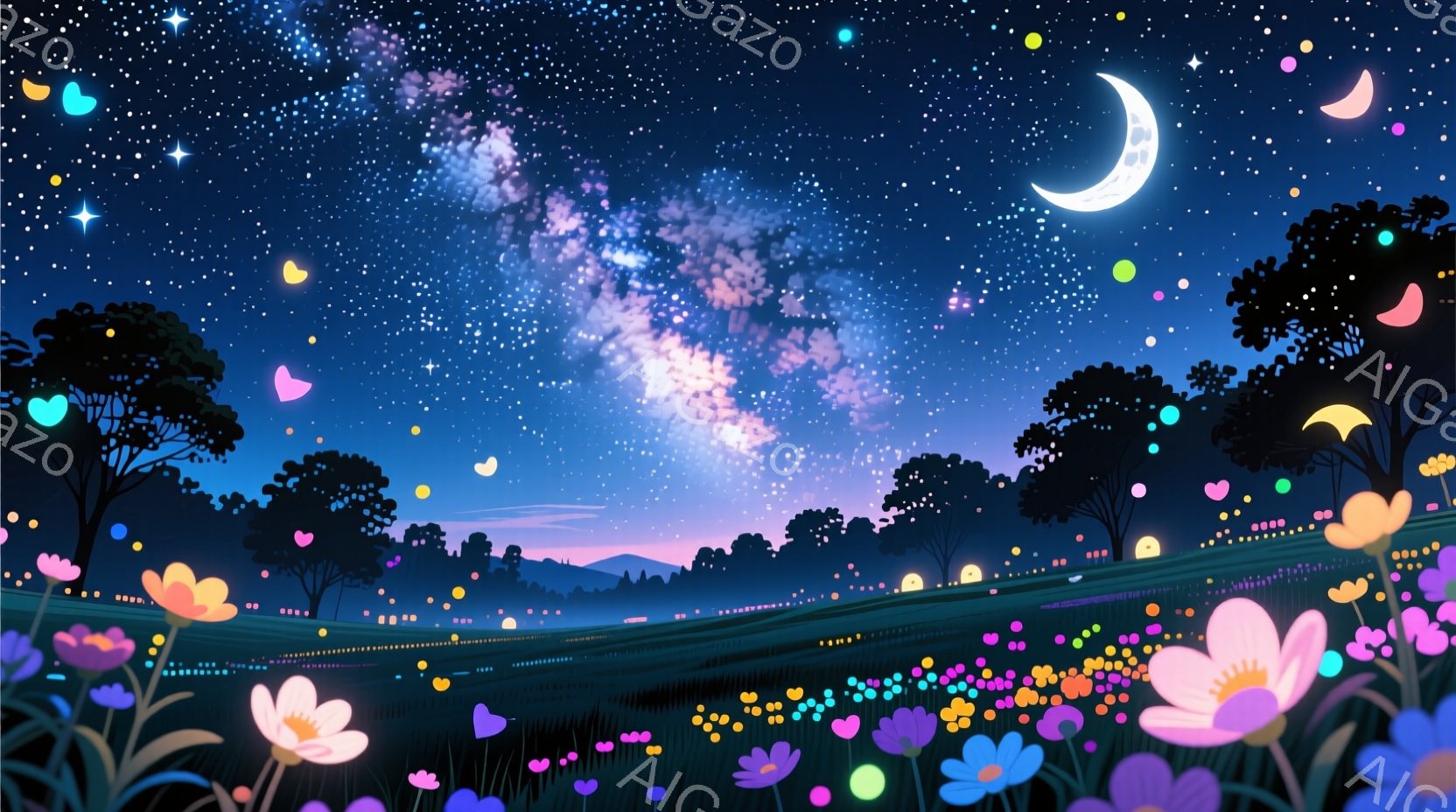 深い青色の夜空には、銀河が壮大に広がり、輝く星々が散りばめられています。草むらには色とりどりの花々が咲き乱れ、夜空からは優しい光の粒が降り注ぎ、幻想的な雰囲気を醸し出しています。遠くにはシルエットのよ - AI生成フリー素材