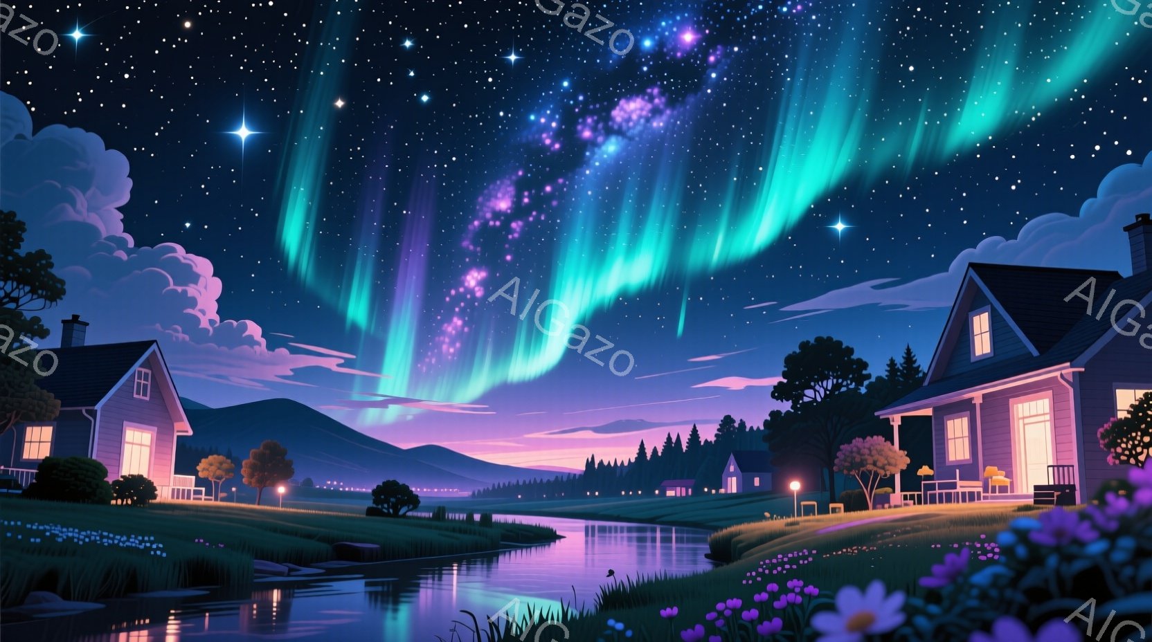 夜空には、緑と紫色のオーロラが壮大に広がっており、その光が穏やかな湖面に反射している。湖のほとりには、ライトアップされた可愛らしい家々が並び、静かで平和な雰囲気を醸し出している。前景には、小さな花々が咲き乱れ、夜空と湖面の美しいコントラストを引き立てている。
