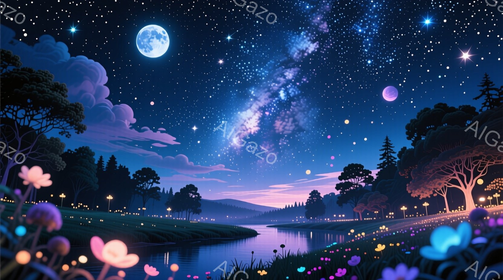夜空には天の川が流れ、明るい月とピンク色の惑星が輝いている。川沿いには緑豊かな木々が生い茂り、色とりどりの光る花々が咲き乱れ、幻想的な雰囲気を醸し出している。 全体的に、夢のような静かで平和な光景が広がっている。