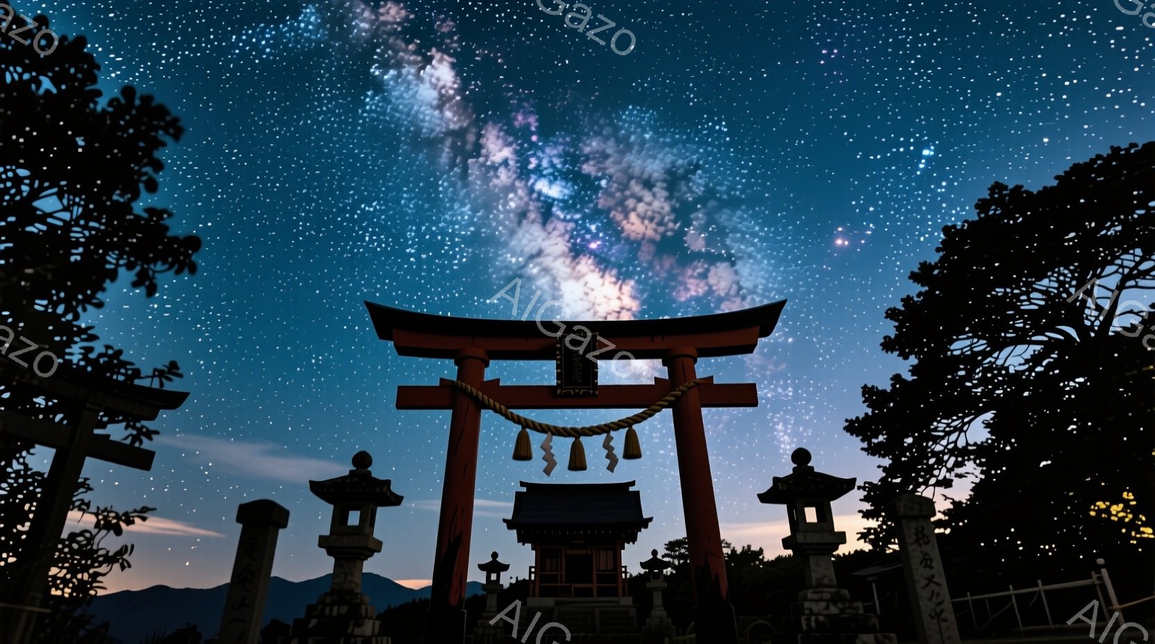 深夜、鳥居が星空を背景に聳え立っている。鳥居の奥には神社の建物が見え、周囲は緑豊かな木々に囲まれている。星空は天の川が広がり、幻想的で神秘的な雰囲気を醸し出している。 - AI生成フリー素材