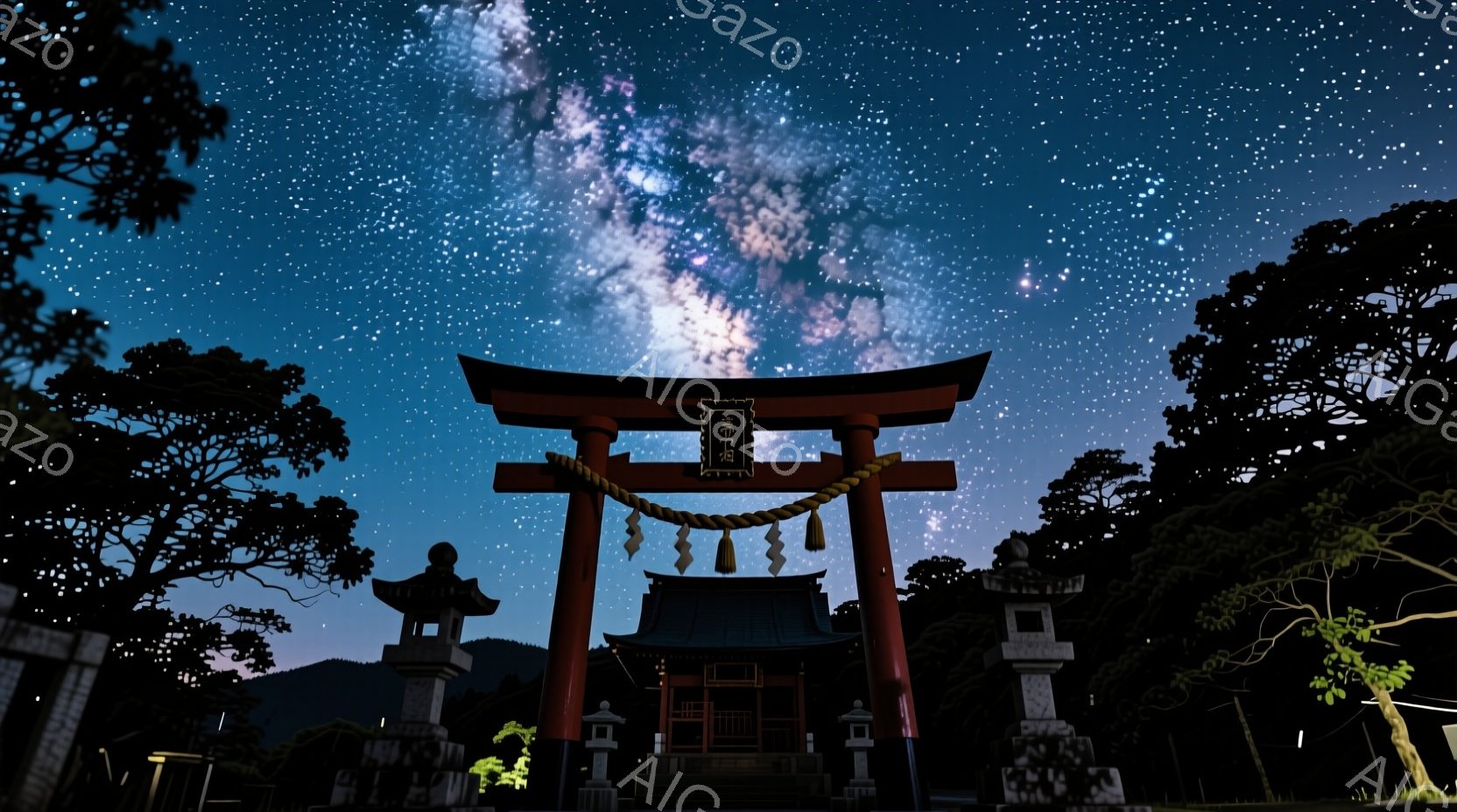 深夜、朱色の鳥居が静かに佇み、その背後には荘厳な社殿がそびえ立っている。満天の星空と天の川が鳥居を美しく彩り、周囲の緑豊かな木々が神秘的な雰囲気を醸し出している。夜の静寂と星空の輝きが、訪れる人に安らぎと畏敬の念を与える風景である。