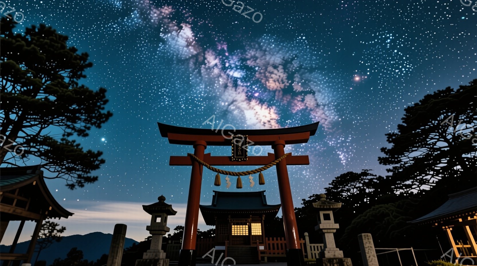 深夜、鳥居が星空を背景に聳え立っている。寺院の屋根が木々の間から覗き、石灯籠が鳥居の両脇に配置され、静寂で神聖な雰囲気を醸し出している。天の川が空を横切り、幻想的な夜景を作り出している。