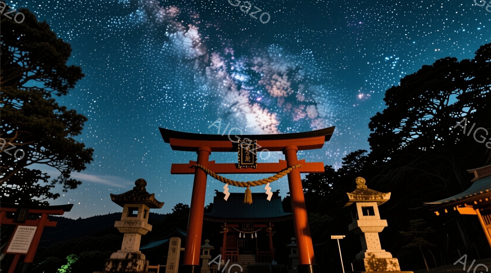 深夜の神社は、星空を背景に朱色の鳥居が際立っている。参道の両脇には石灯籠が立ち並び、奥には本殿が見える。夜空には天の川が流れ、静寂で神秘的な雰囲気を醸し出している。