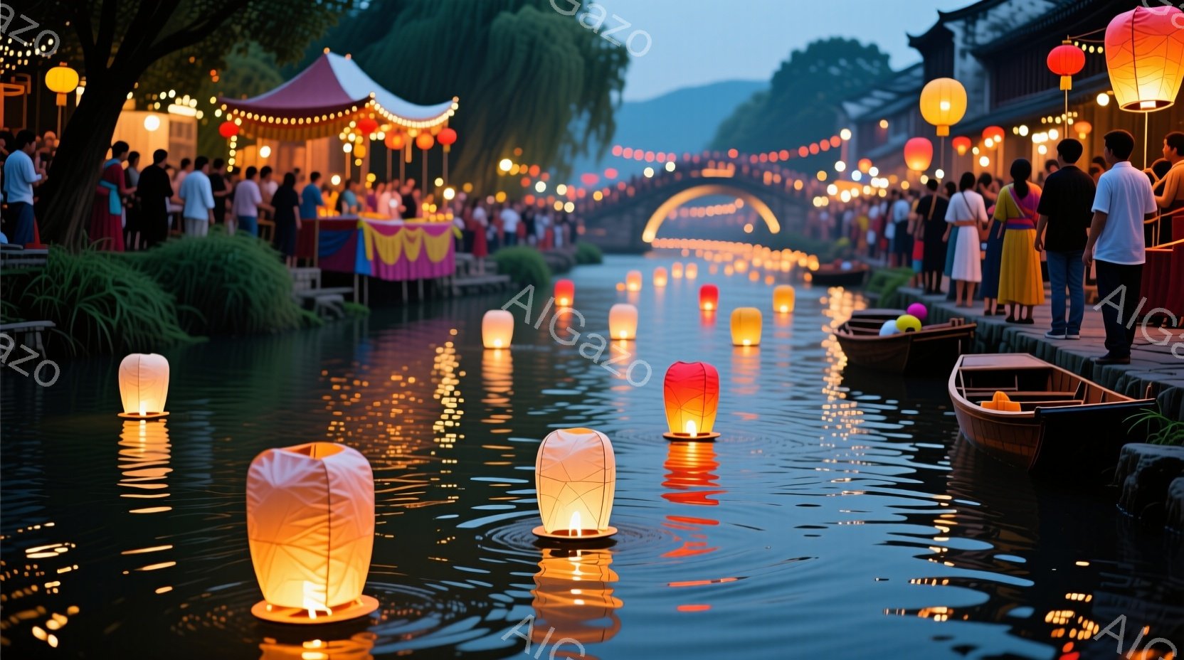 多くの人が水路に浮かぶ提灯を見守る夜の風景です。人々はカジュアルな服装で、笑顔を浮かべながら提灯が水面に反射する光景を楽しんでいます。背景には伝統的な建築様式の建物や緑豊かな木々が見え、穏やかで幻想的な雰囲気を醸し出しています。