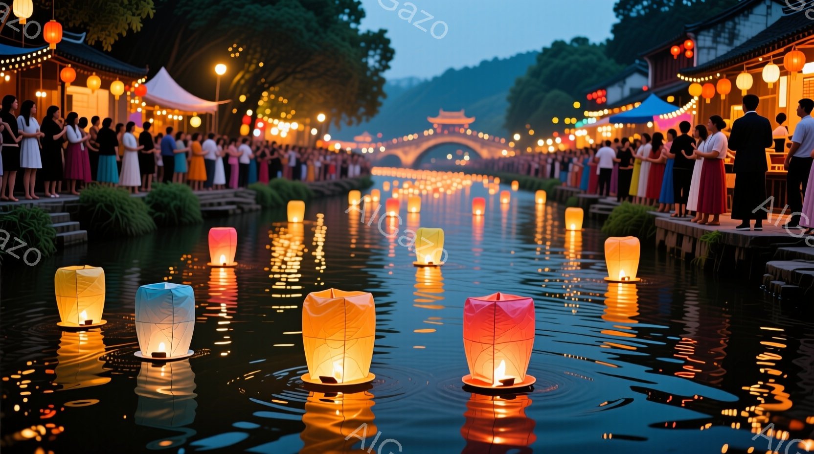 夜の川には、色とりどりの提灯が水面に浮かび、幻想的な光景を作り出している。岸辺には人々が列をなし、提灯の灯りを眺めているが、服装は様々で、カジュアルなものからフォーマルなものまで様々だ。背景には伝統的 - AI生成フリー素材