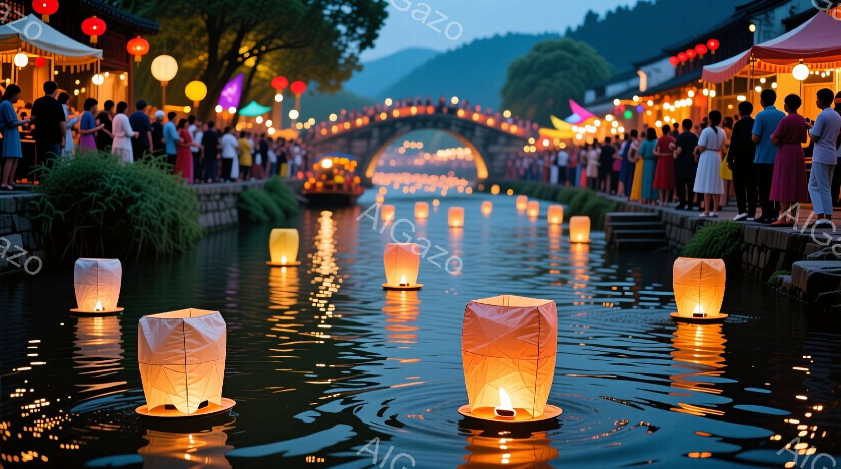 夜の川面には、無数の灯籠が浮かび、オレンジ色の温かい光が水面に反射している。人々は岸辺に立ち、簡素な服装でイベントを楽しんでおり、後ろには伝統的な様式の建物と緑豊かな丘が見える。穏やかな夜空と灯籠の光が、幻想的で平和な雰囲気を醸し出している。