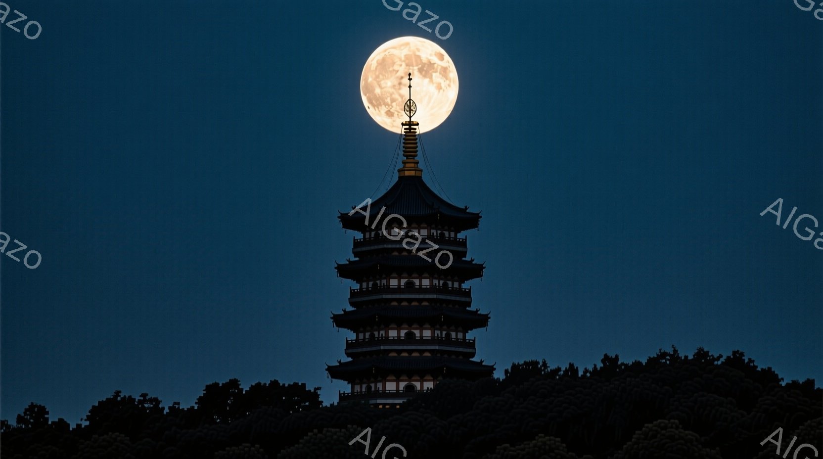 深い青色の夜空を背景に、層を重ねた塔がシルエットで浮かび上がっている。満月が塔の背後に位置し、その光が塔の輪郭をぼんやりと照らし出している。塔の下には暗い木々のシルエットが広がり、静寂で神秘的な雰囲気を醸し出している。