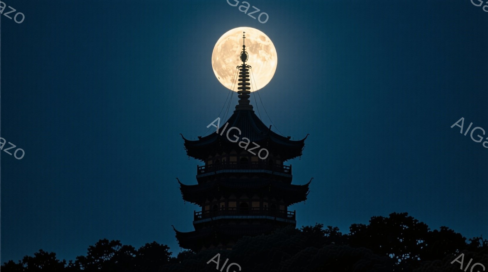 深い藍色の夜空を背景に、重層構造を持つ寺院のシルエットが浮かび上がっている。満月が寺院の背後に位置し、その強い光でシルエットを際立たせている。周囲には暗い木々の影が見え、静寂で神秘的な雰囲気を醸し出し - AI生成フリー素材