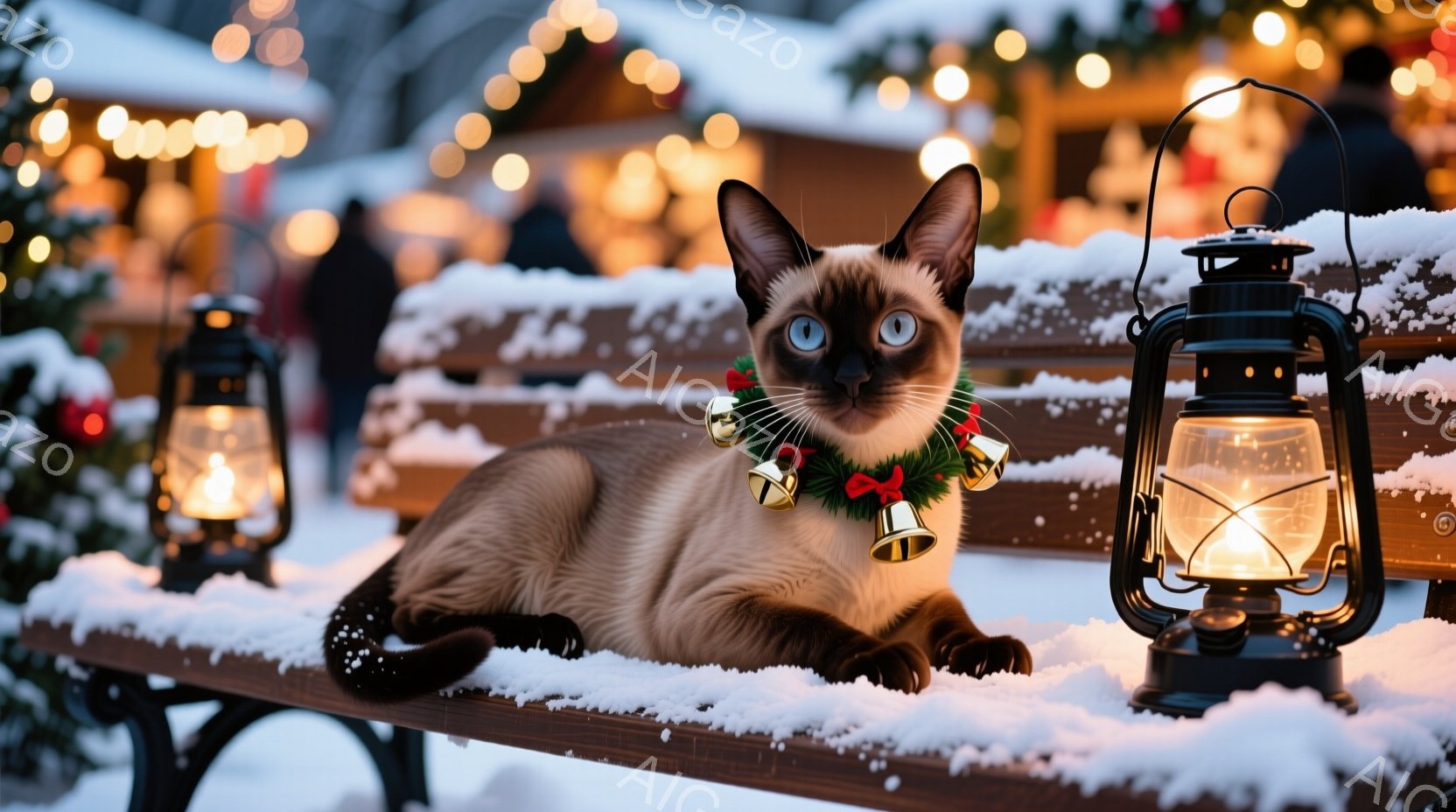 シナモン色の美しいシャム猫が、雪で覆われたベンチにゆったりと横たわっています。赤いリボンと金色の鈴が付けられた首輪が、冬の雰囲気を引き立てています。背景には、点灯されたランタンやぼんやりと見える建物があり、静かで幻想的な冬の夜の光景が広がっています。